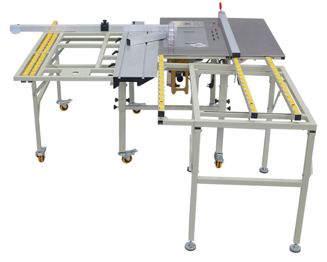 Panel saw machine cutting large wood sheets with precision, featuring a sliding table and vertical frame for efficient woodworking. 